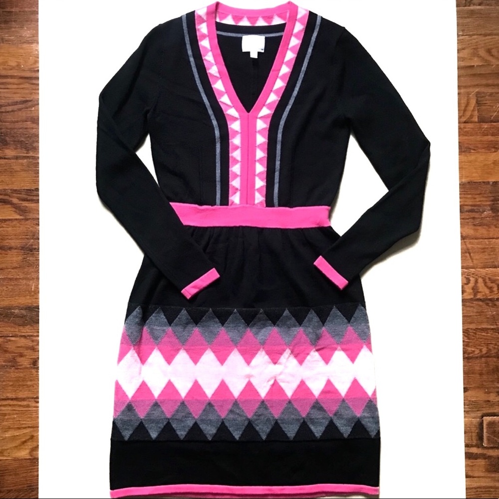 Milly of New York Black & Pink V-Neck Wool Dress P